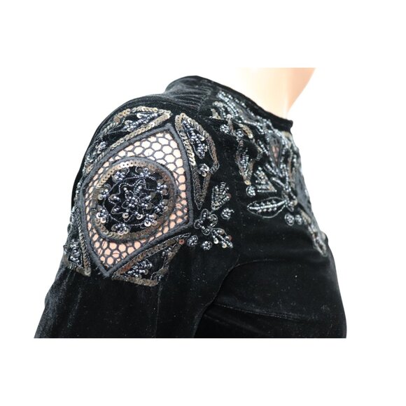 ZARA Black Velvet Embroidered Beaded Embellished Mini Dress Fringe Sleeves S - Picture 8 of 8